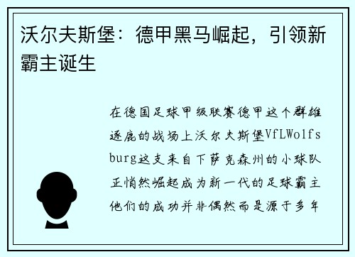 沃尔夫斯堡：德甲黑马崛起，引领新霸主诞生